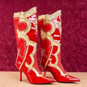 Jeffrey Campbell Business Red Patent Leather Suede Gold Knee High Boots sz7